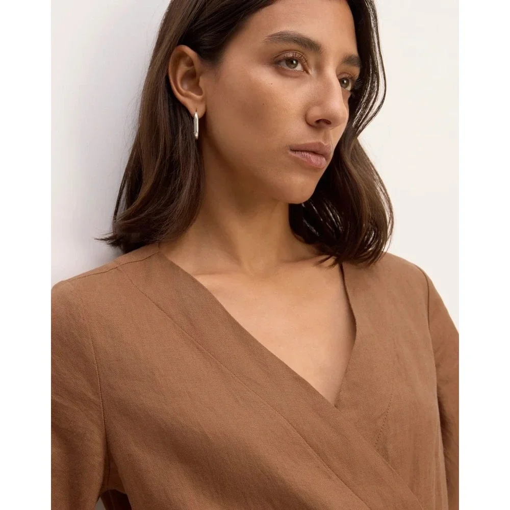 Everlane The Wrap Jumpsuit Brown Linen Blend Wrap V-Neck Wide Leg Belted Size 0